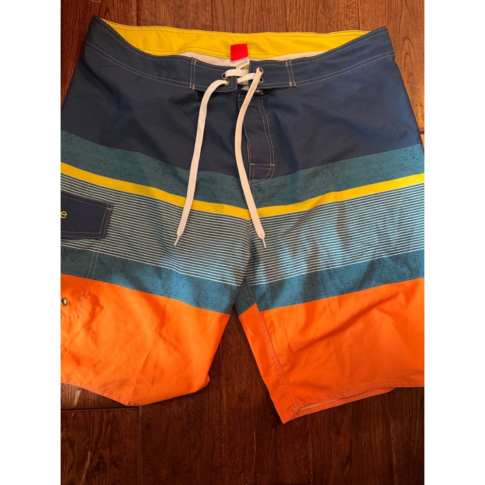 Nonwe‎ Mens Board Shorts Swim Trunks Colorblock Striped Blue Orange Size 40